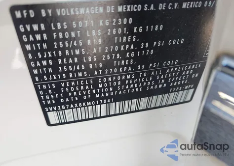 2019 Volkswagen Tiguan 2.0T Se/2.0T Sel/2.0T Sel R-Line/2.0T Sel R-Line Black z USA, uszkodzony, nr VIN 3VV2B7AX8KM017041